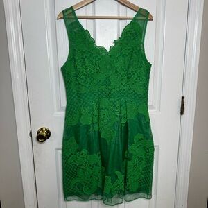 Anthropologie Baraschi Green Silk Embroidered Lace Dress Size 12 Sheer Overlay